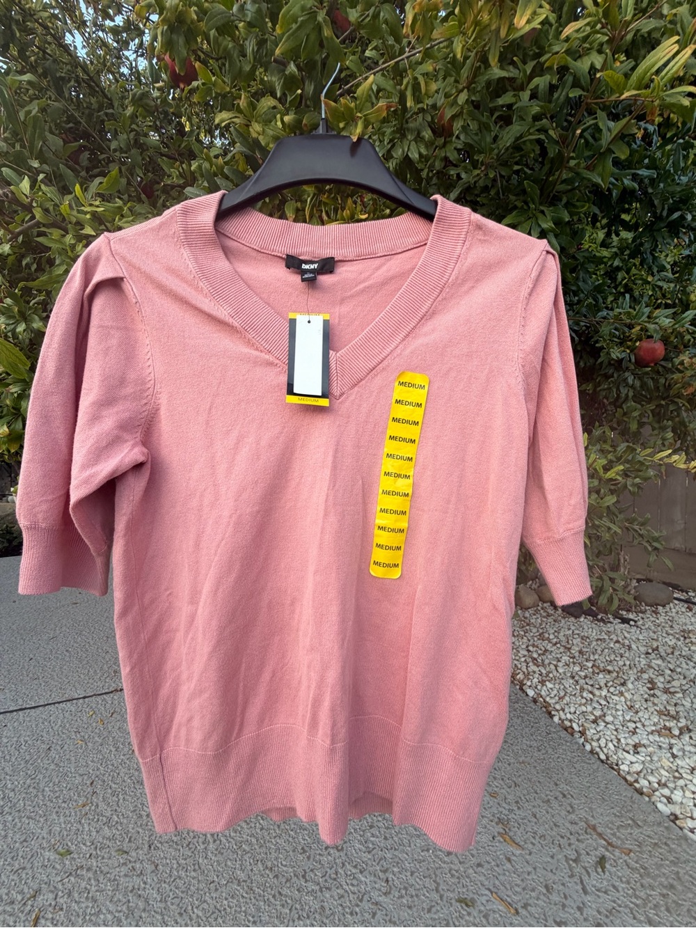NWT womens DKNY Dusty Pink V-Neck Short Sleeve Sweater Top